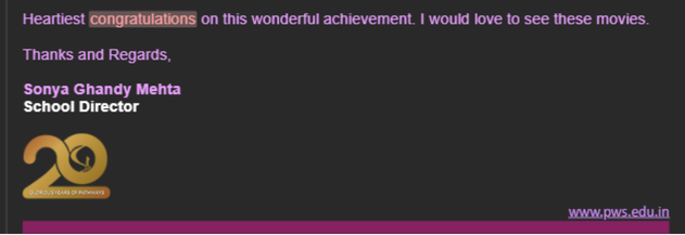 Congratulatory reply from the School Director